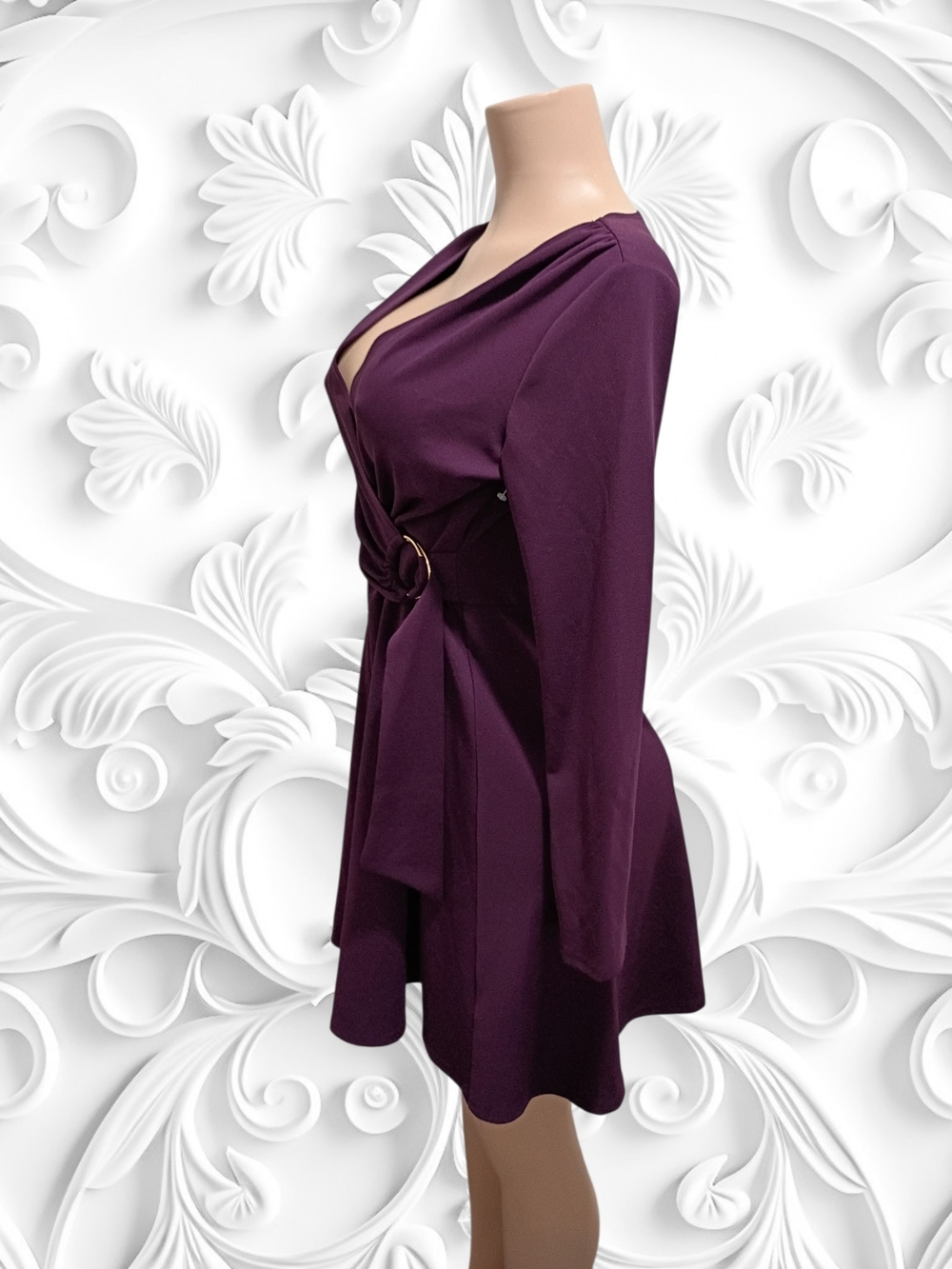 MARINA Plum Long-Sleeve Wrap Dress with Decorative Ring - Picture 2 of 4